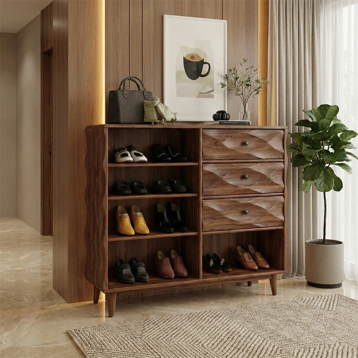 Modern Solid Wood Shoe Storage Cabinet with Drawers and Open Shelves Mid-Century Entryway Organizer