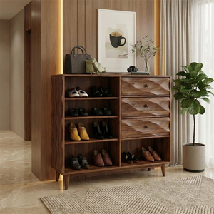 Modern Solid Wood Shoe Storage Cabinet with Drawers and Open Shelves Mid-Century Entryway Organizer