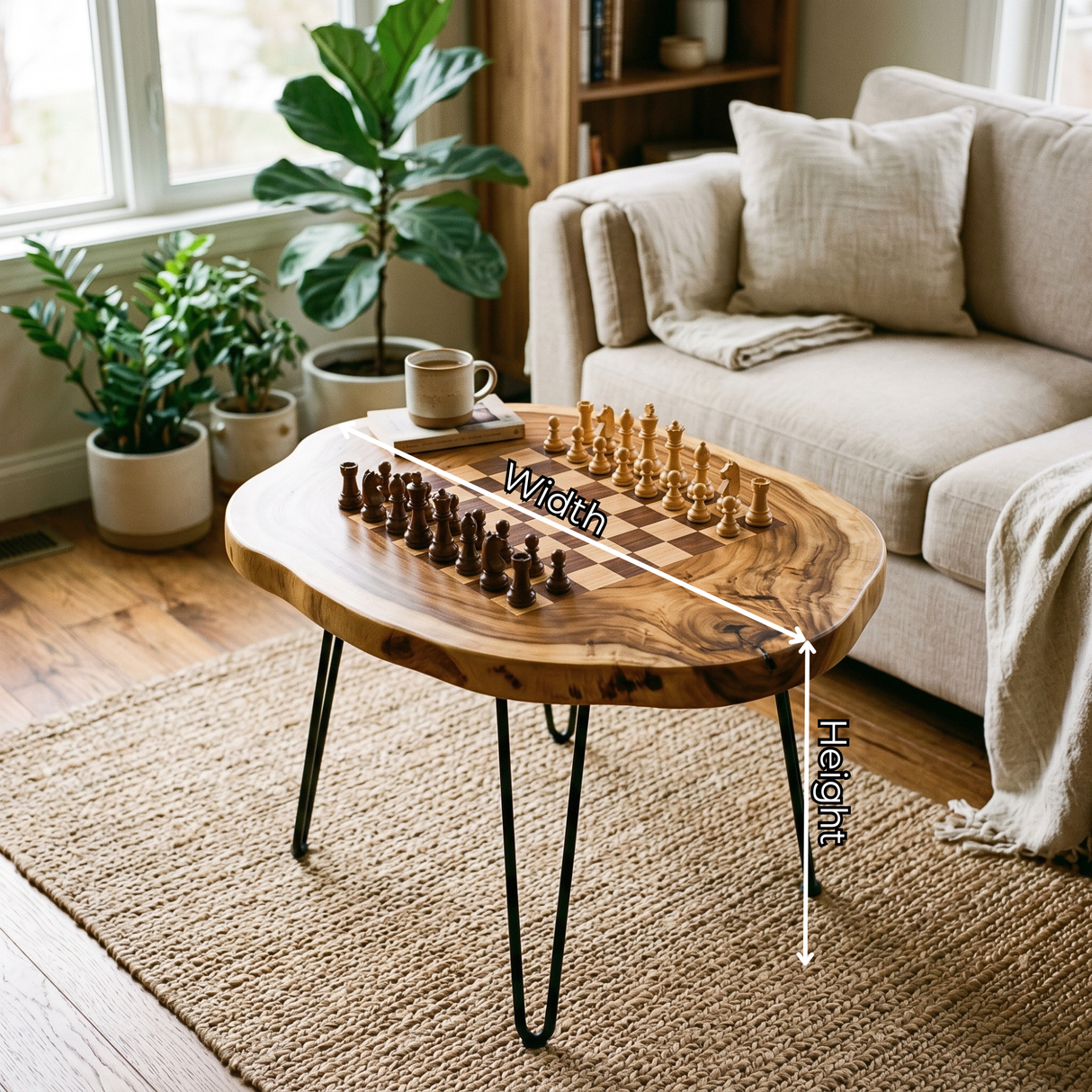 Handcrafted Solid Wood Chess Coffee Table with Organic Slab Top and Hairpin Legs