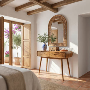 Rounded Solid Wood Vanity Table with Drawers, Modern Dressing Table for Bedroom
