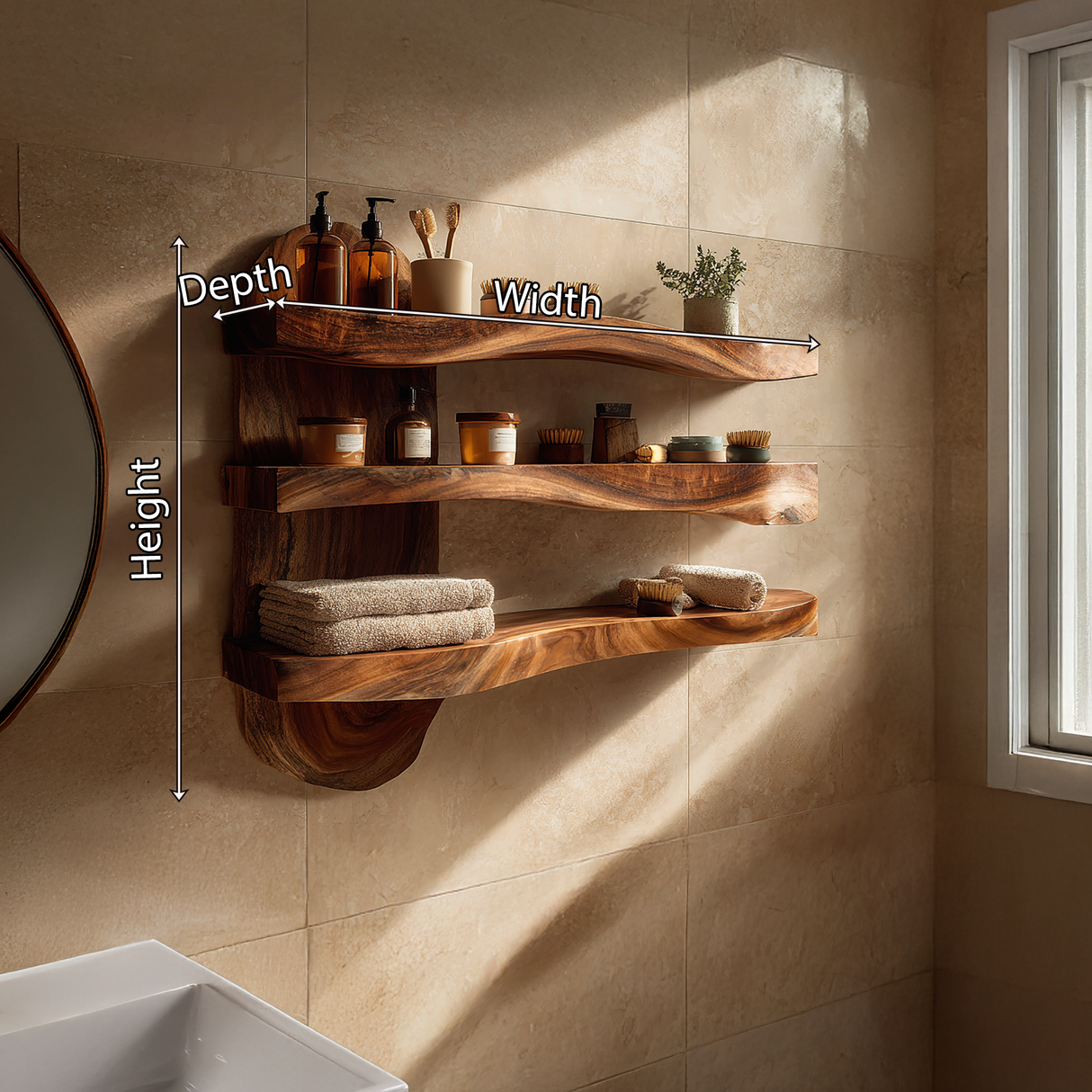 Sculpted Solid Wood Bathroom Wall Shelf Unit