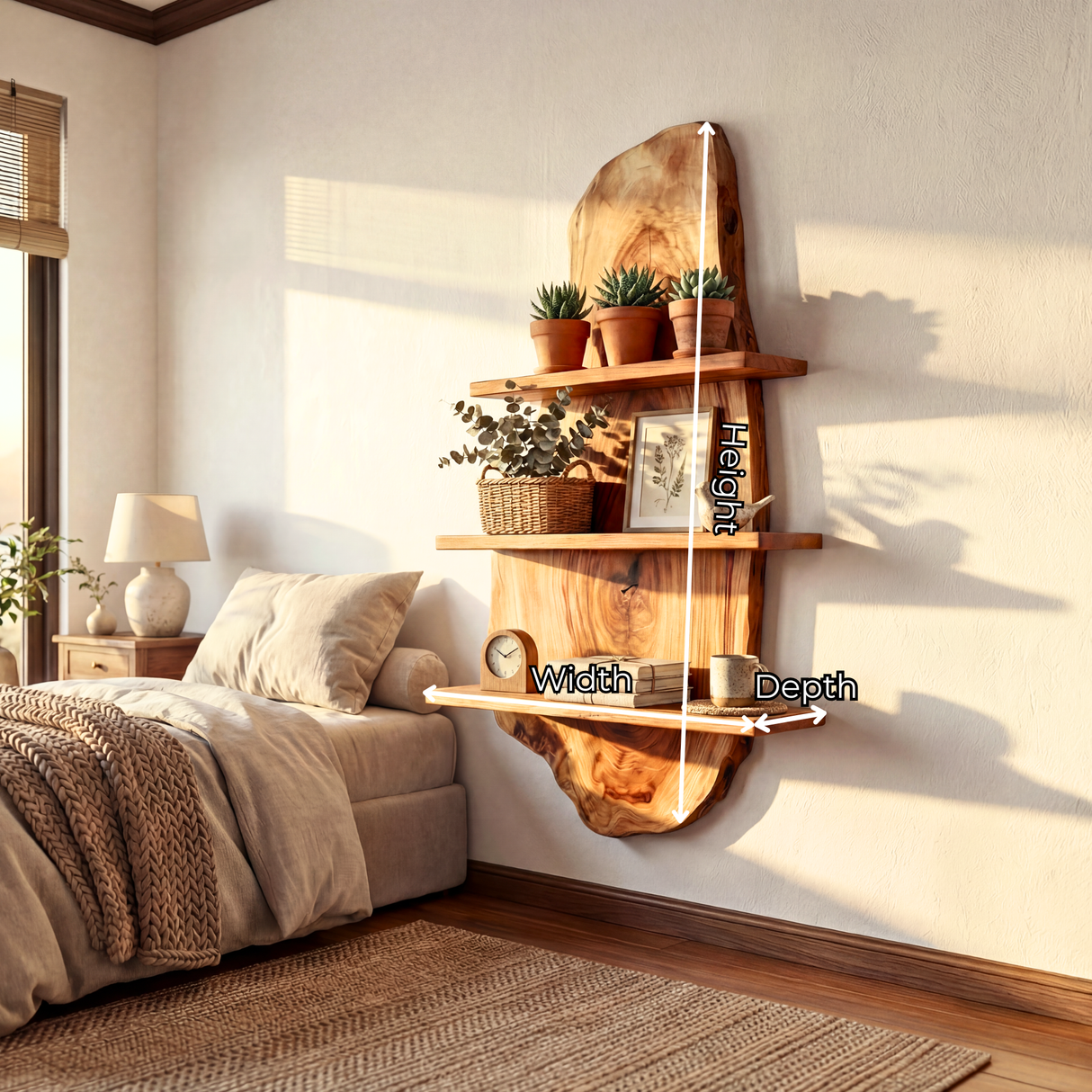Live Edge Solid Wood Wall Shelf Floating Multi Tier Storage Display for Living Room