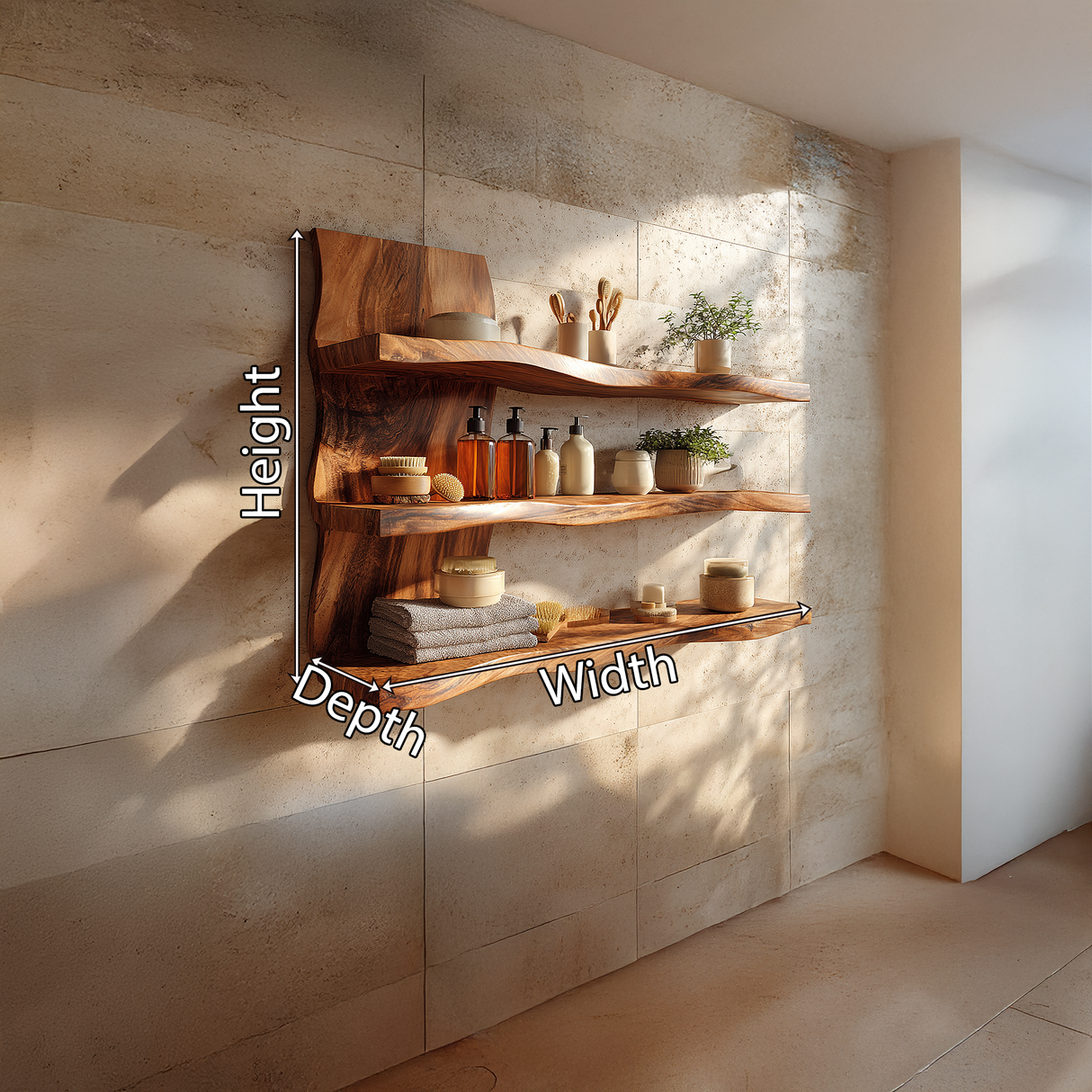 Live Edge Solid Wood Wall Shelves for Organic Modern Bath