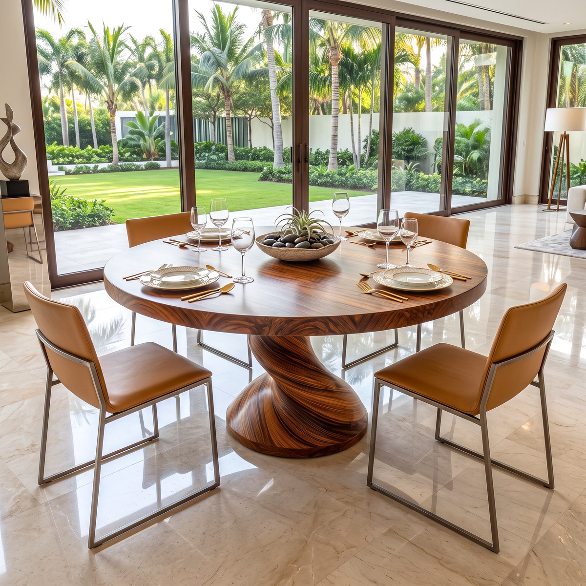 Dining Table with Twisted Pedestal Base and Round Solid Wood Top