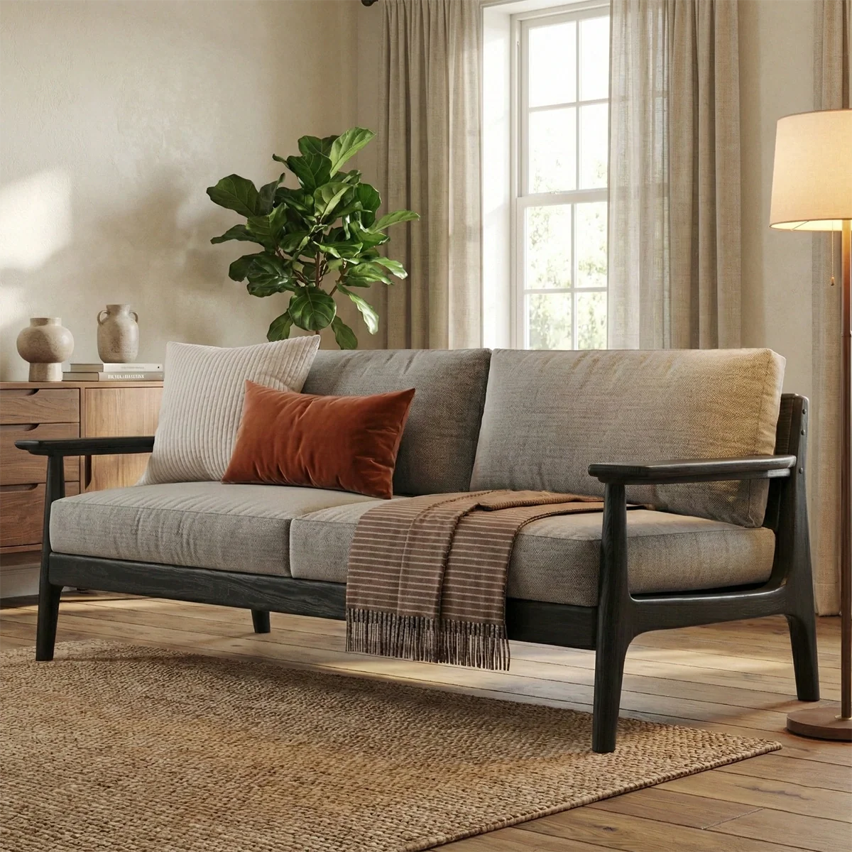 Modern Solid Wood Sofa Scandinavian Style Wooden Frame Couch with Upholstered Cushions