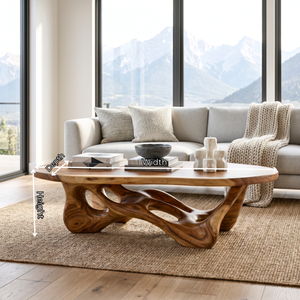 Solid Wood Coffee Table with Organic Openwork Base and Rounded Slab Top