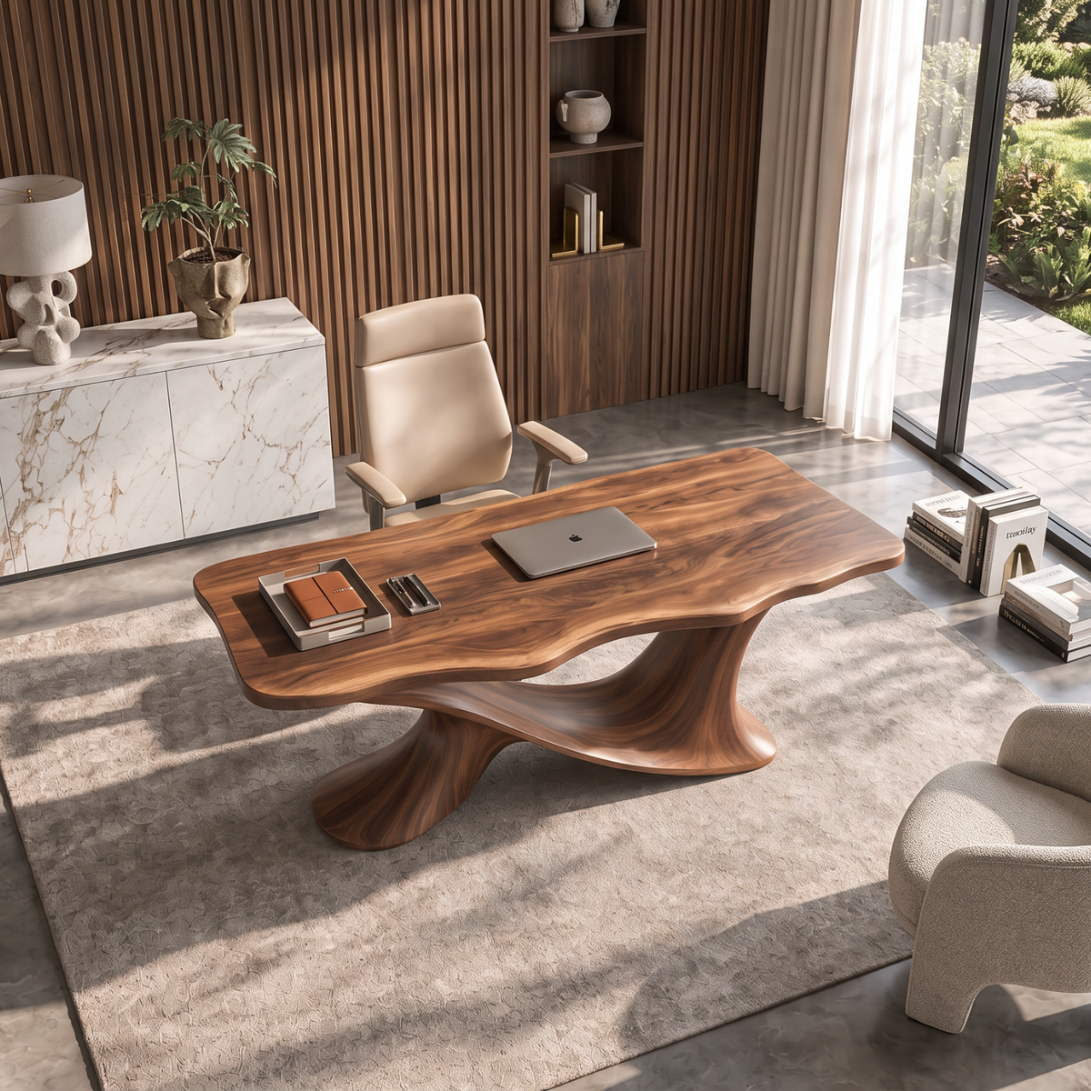 Live Edge Solid Wood Desk with Sculptural Double Curve Base