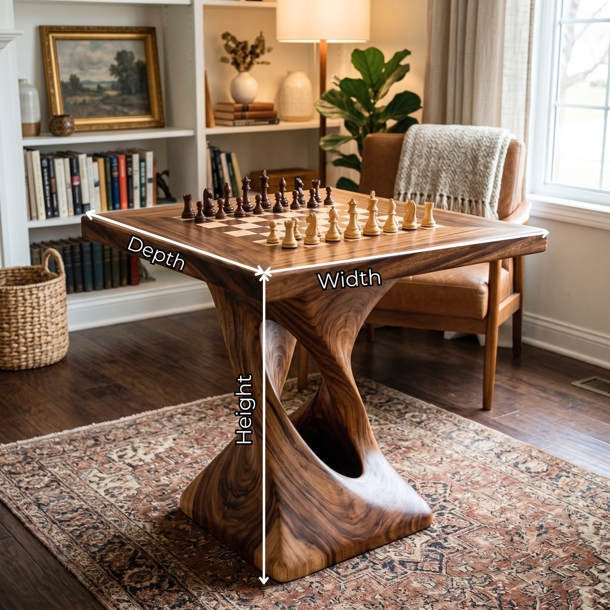 Handcrafted Solid Wood Chess Table with Sculptural Twisted Pedestal Base