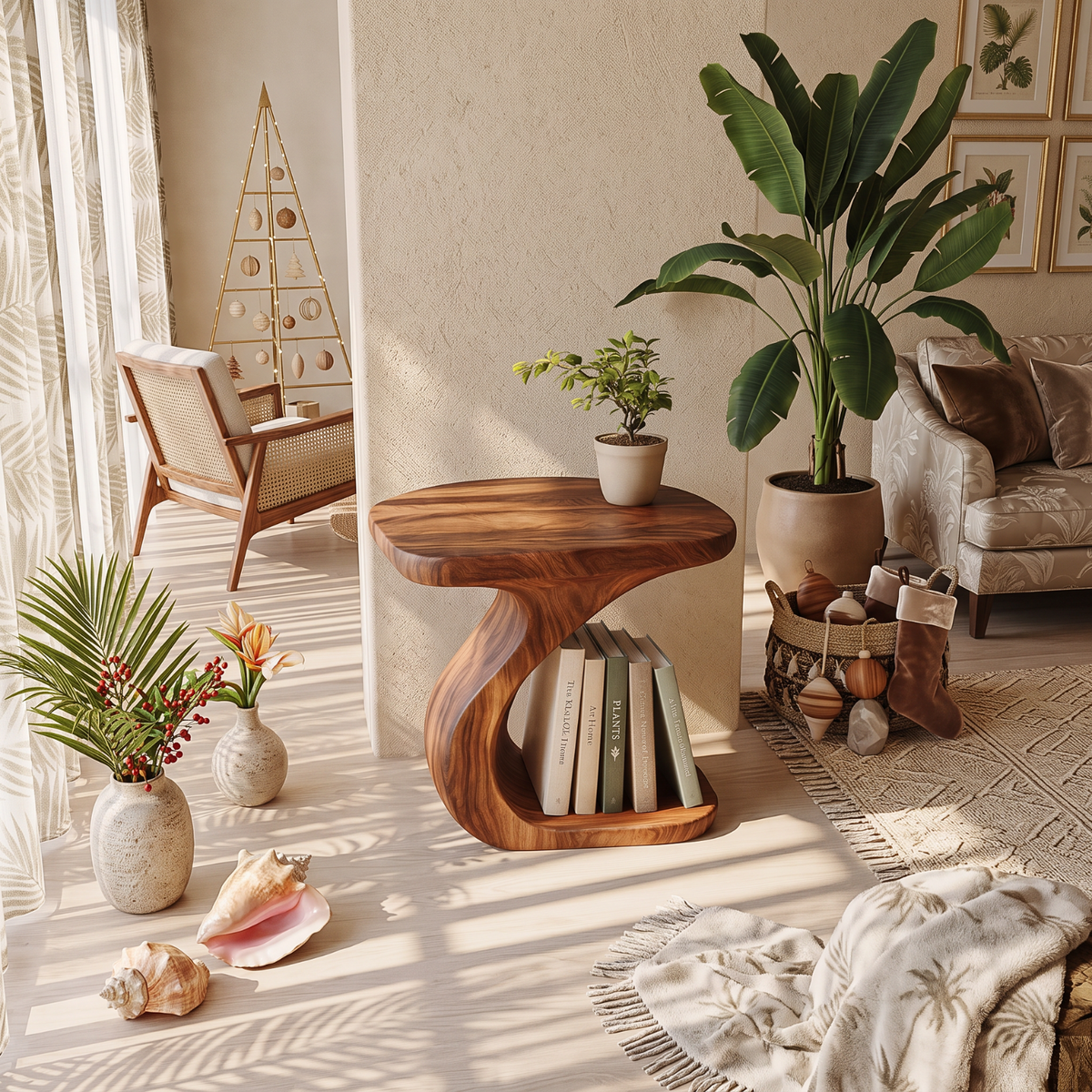 Sculptural Solid Wood Side Table with Built-In Book Storage