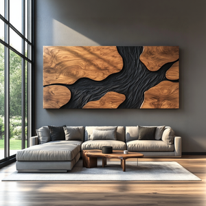 Sculptural Wood Wall Art Panel with Black Flowing Grain Form
