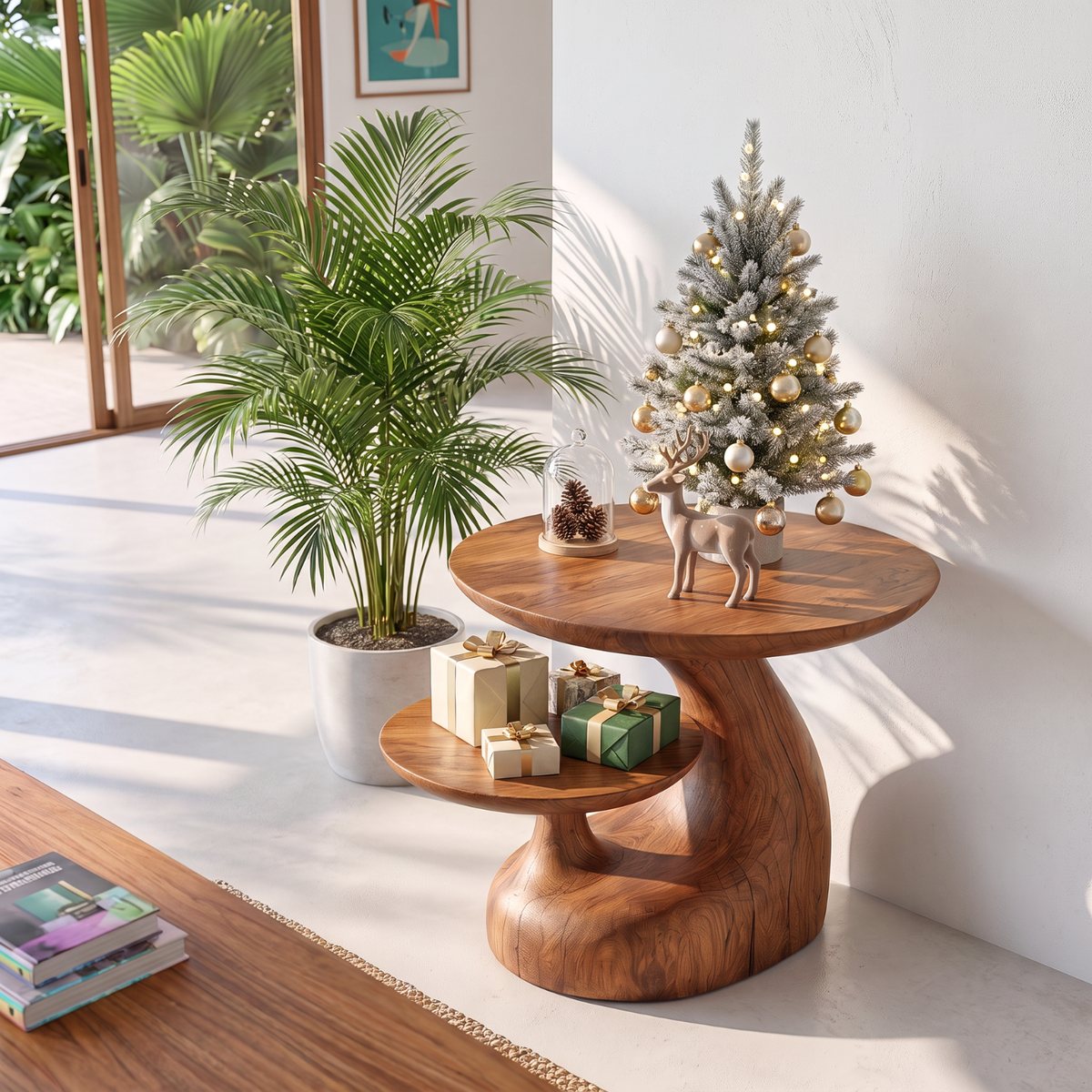 Handcrafted Solid Wood Side Table with Floating Shelf and Sculptural Curve Base