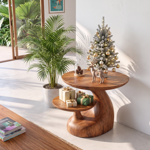 Handcrafted Solid Wood Side Table with Floating Shelf and Sculptural Curve Base