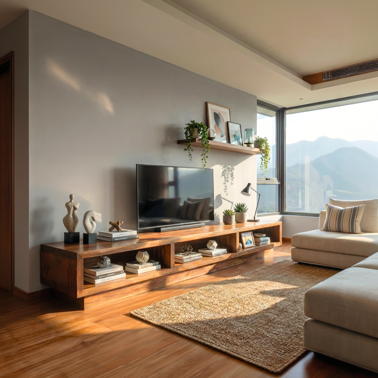 Solid Wood TV Cabinet with Open Display Shelves for Contemporary Living Rooms