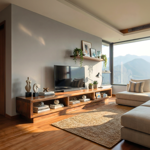 Solid Wood TV Cabinet with Open Display Shelves for Contemporary Living Rooms