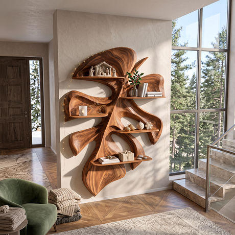 Tropical Leaf Solid Wood Wall Shelf with Sculptural Floating Display Shelves