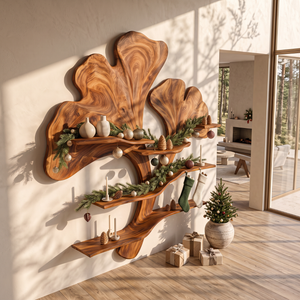 Sculptural Solid Wood Wall Shelf with Flowing Botanical Leaf Design