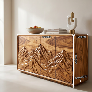 Natural Solid Wood Sideboard with Carved Mountain Landscape