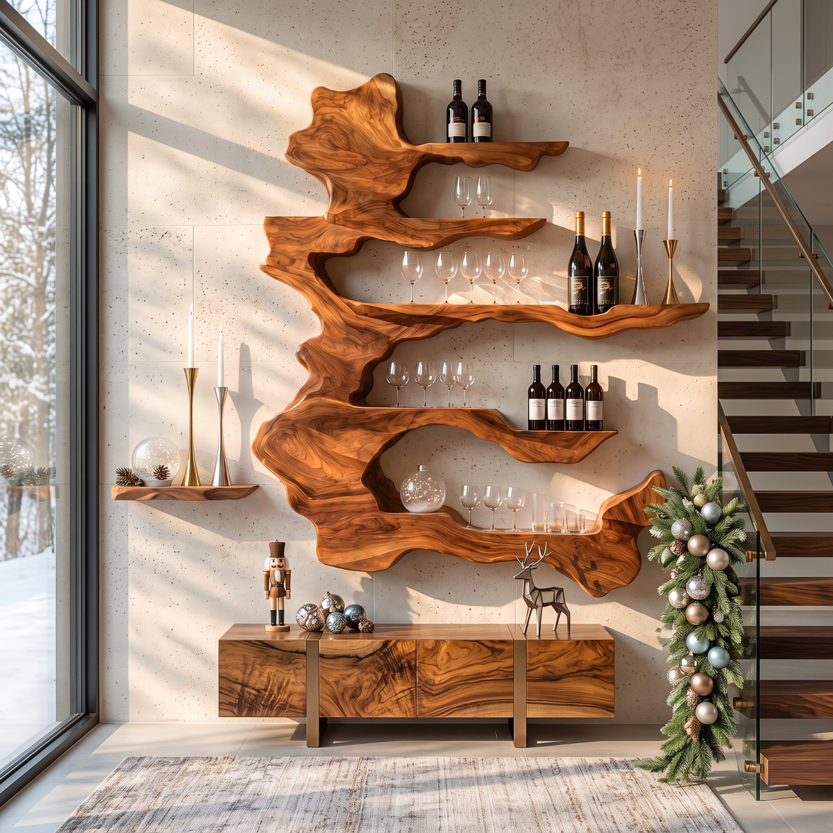 Handcrafted Solid Wood Wine Rack with Sculptural Floating Shelves