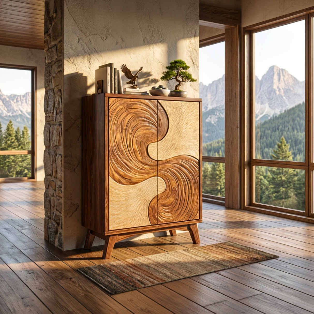 Solid Wood Sideboard with Flowing Wave Sculptural Doors for Modern Interiors