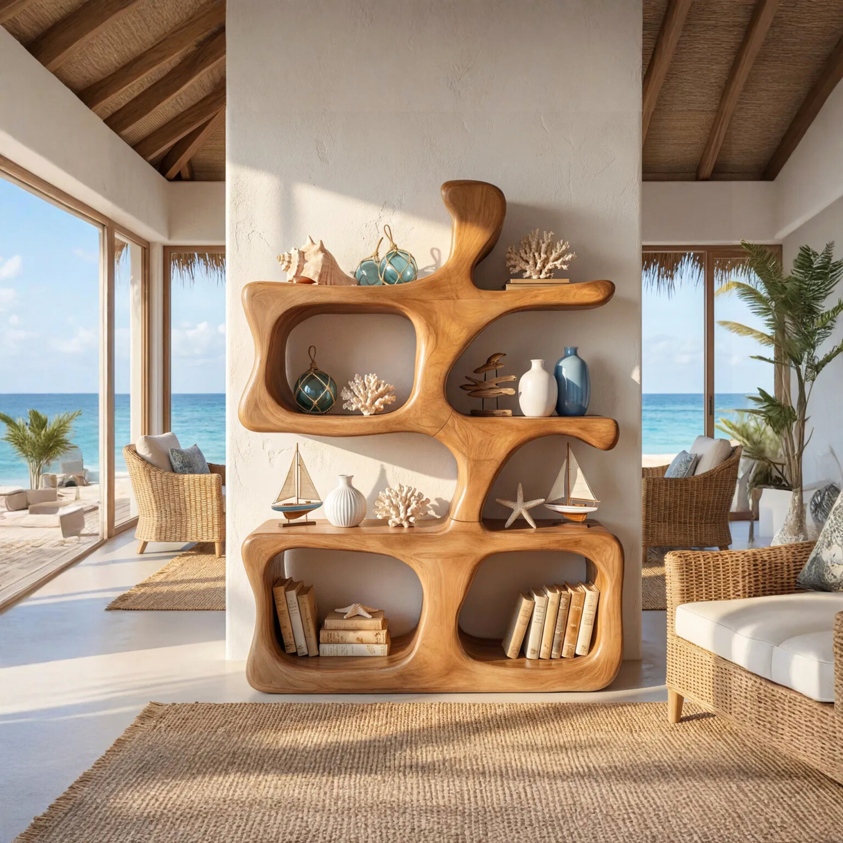 Sculptural Organic Wood Display Shelf with Open Compartments