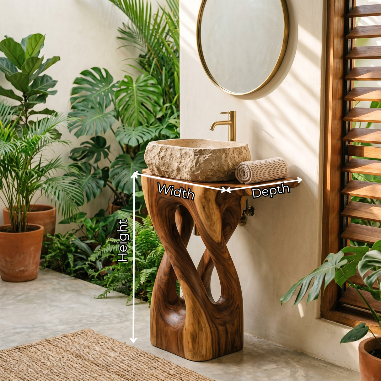 Organic Carved Solid Wood Pedestal Sink Stand with Open Sculptural Form