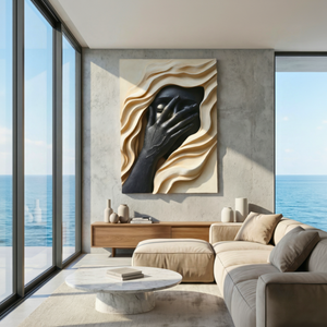 Handcrafted Solid Wood Face Wall Sculpture with Black Relief Hand and Flowing Layers