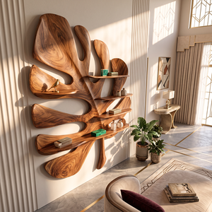 Solid Wood Tropical Leaf Wall Sculpture with Integrated Display Shelves for Living Room Decor