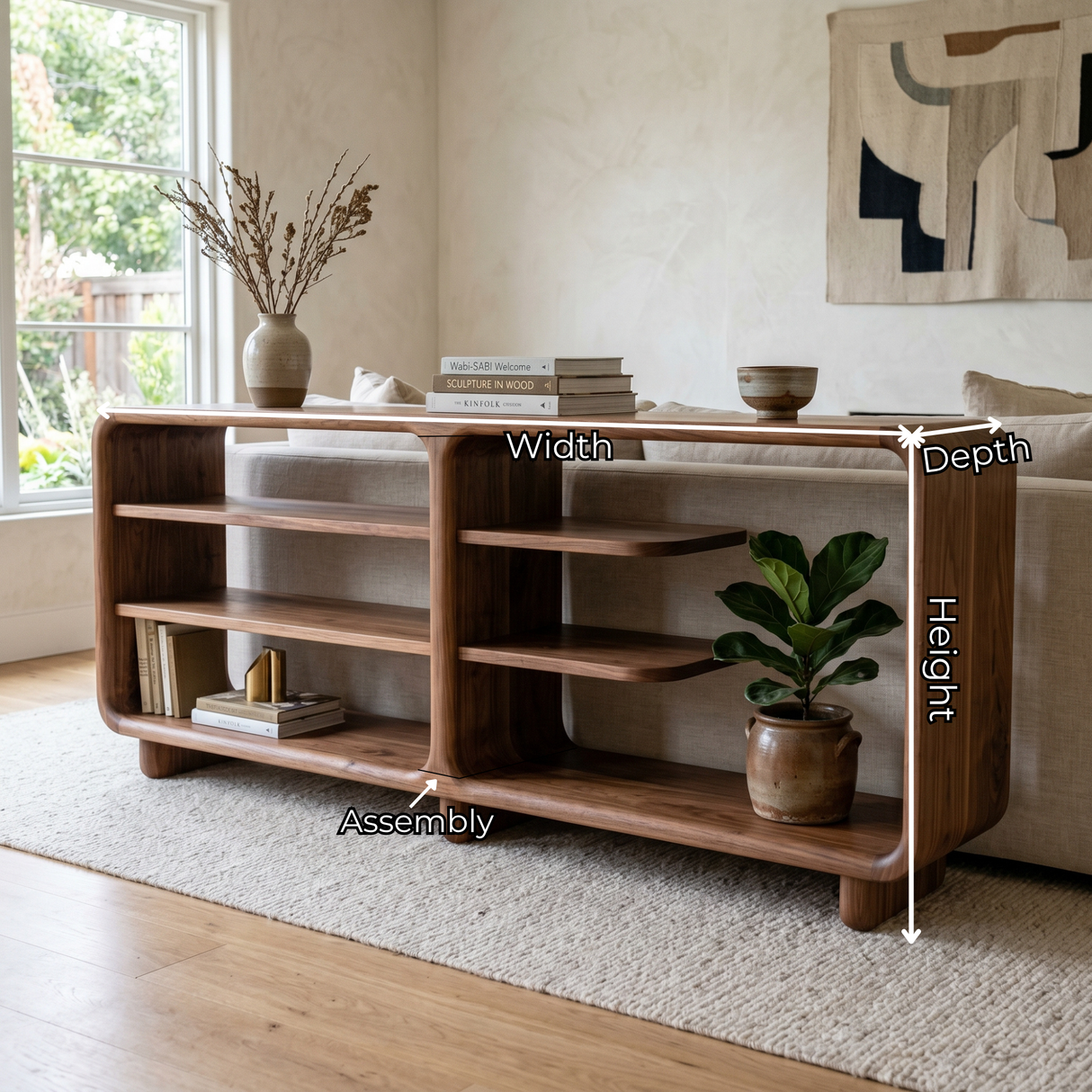 Solid Wood Rounded Console Sideboard with Open Display Shelves