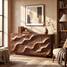 Sideboard Solid Wood with Sculptural Layered Dune Carved Doors for Living Room