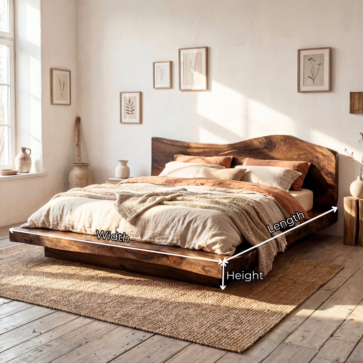 Solid Wood Platform Bed with Natural Edge Headboard for Bedroom