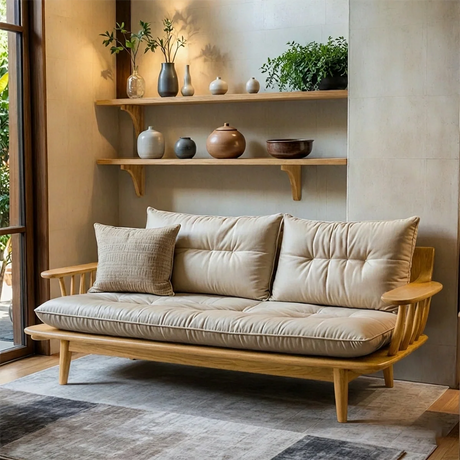 Scandinavian Solid Wood Sofa Japandi Style Minimalist Upholstered Living Room Couch