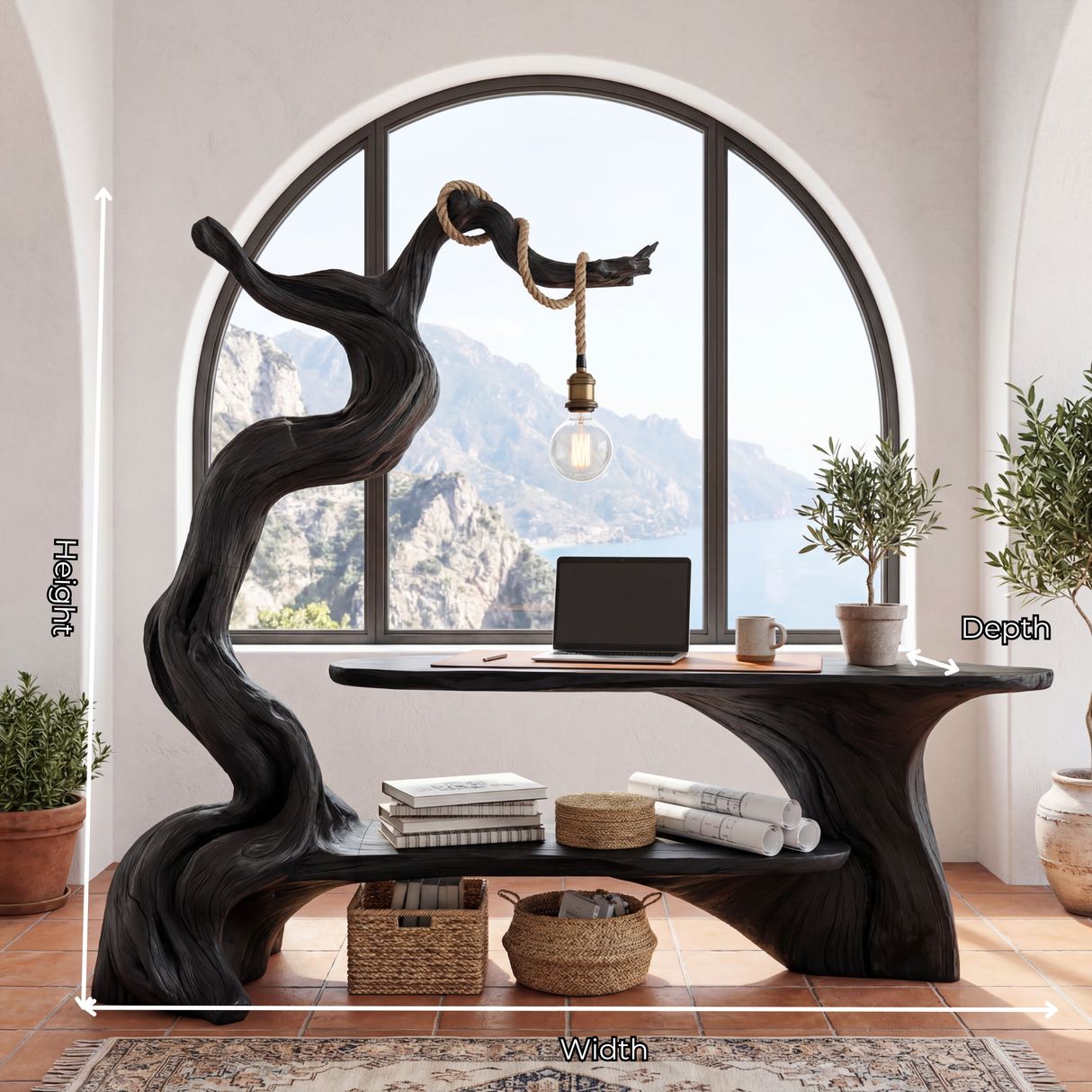 Sculptural Solid Wood Desk with Integrated Hanging Lamp and Shelf, Artistic Reading Nook Furniture