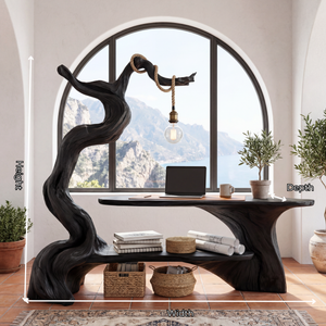 Sculptural Solid Wood Desk with Integrated Hanging Lamp and Shelf, Artistic Reading Nook Furniture