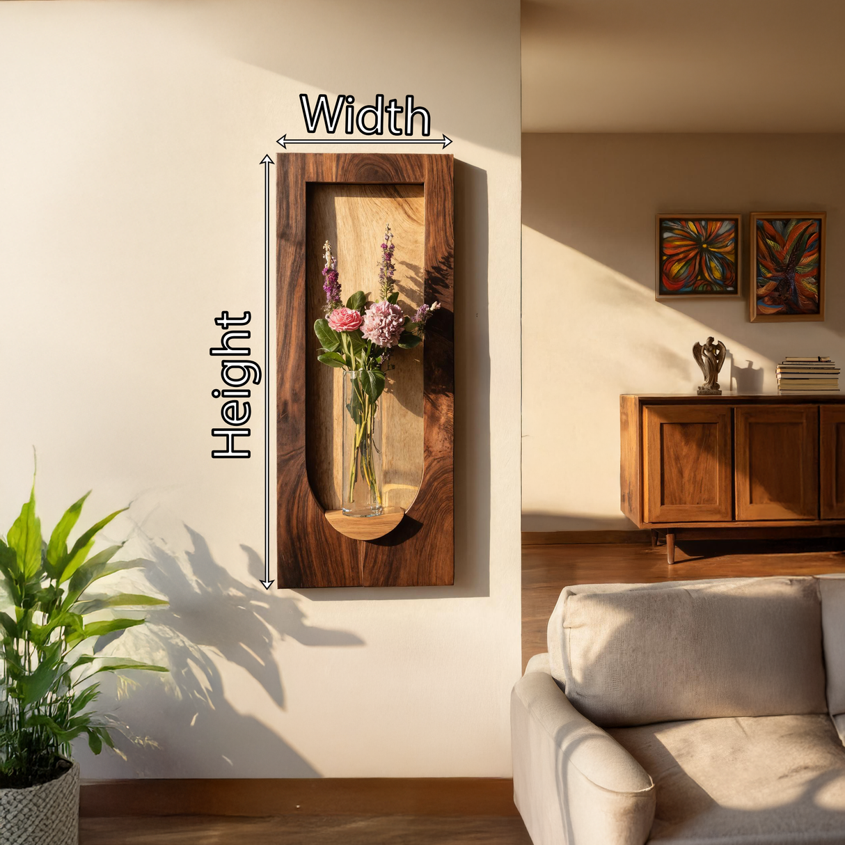 Solid Wood Wall Niche Sculpture with Integrated Vase Shelf