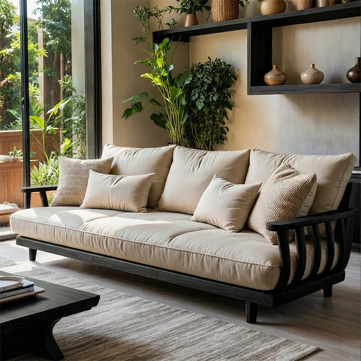 Solid Wood Frame Sofa with Linen Cushions for Organic Modern Living