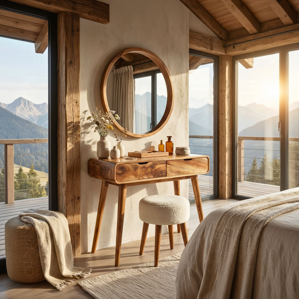 Rounded Wood Vanity Table with Two Drawers, Minimalist Dressing Table for Modern Bedrooms
