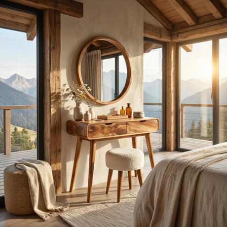 Rounded Wood Vanity Table with Two Drawers, Minimalist Dressing Table for Modern Bedrooms