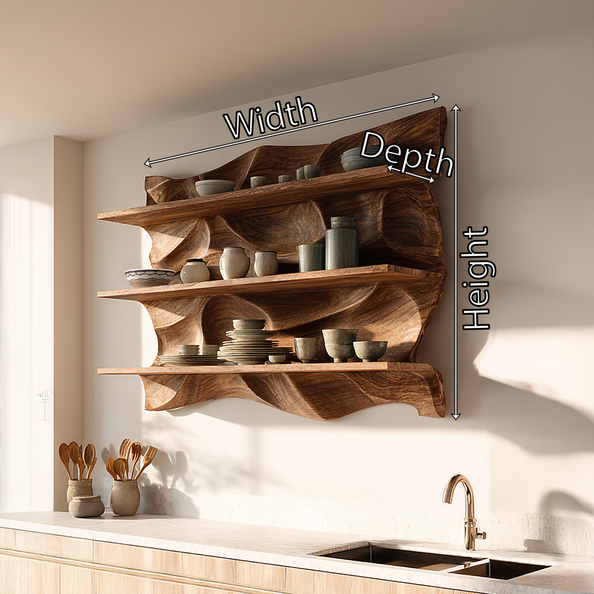 Sculpted Solid Wood Wall Shelf for Organic Modern Interiors