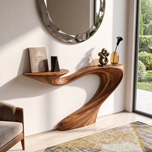 Solid Wood Console Table with Sculptural Sweeping Curve Base for Entryway Decor
