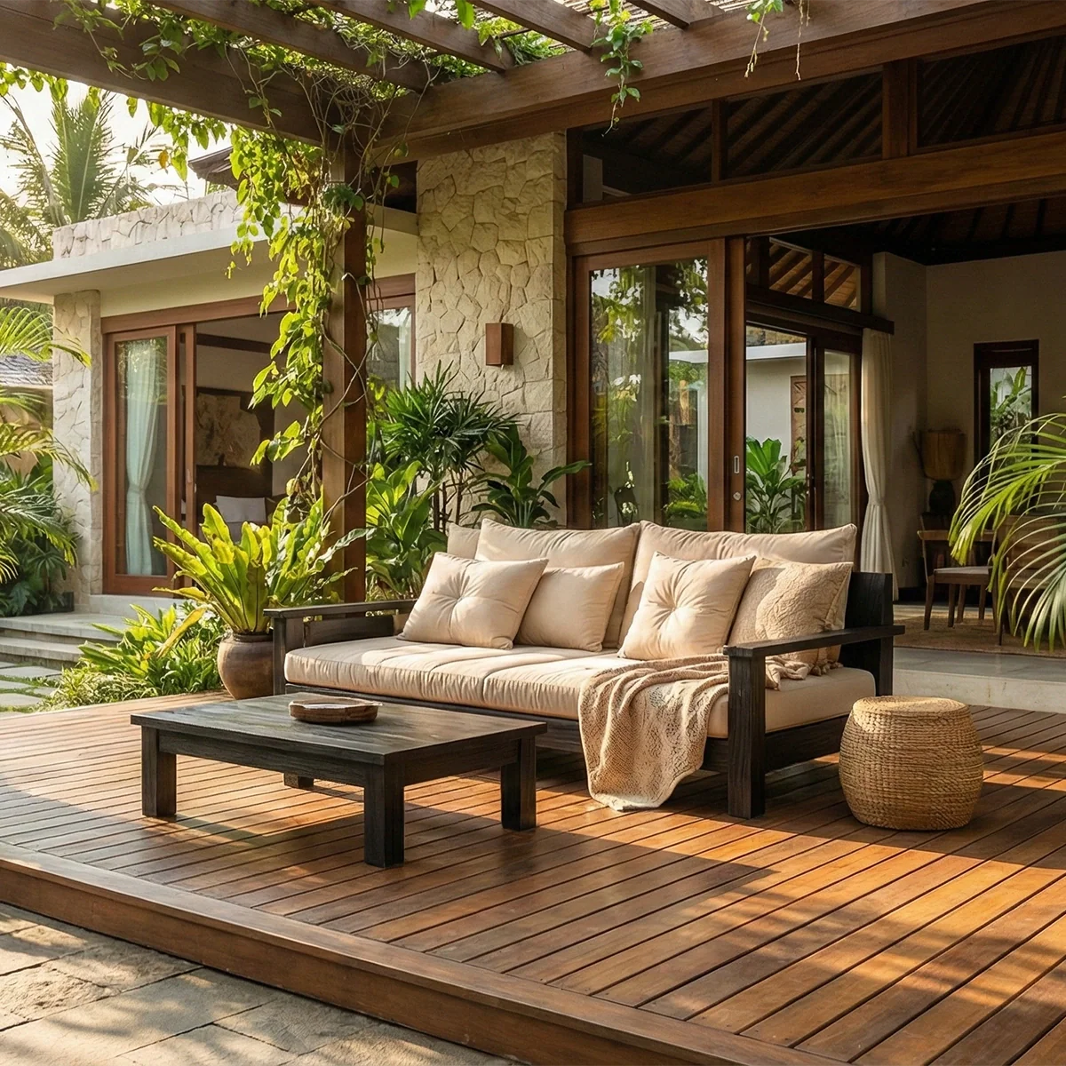 Natural Oak Sofa with Plush Linen Cushions for Organic Modern Interiors