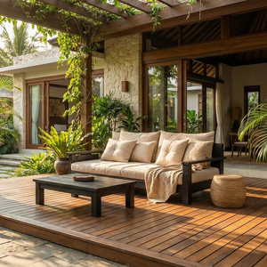 Natural Oak Sofa with Plush Linen Cushions for Organic Modern Interiors