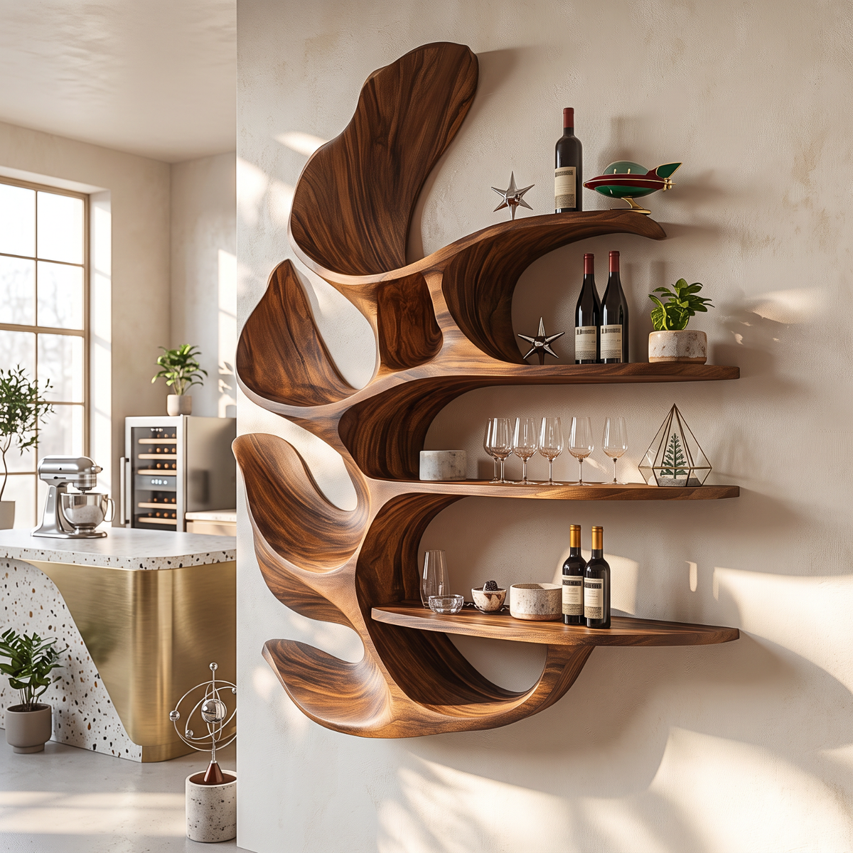 Carved Leaf Solid Wood Wall Wine Holder with Four Floating Display Shelves
