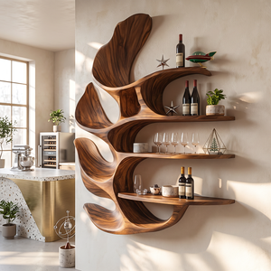Carved Leaf Solid Wood Wall Wine Holder with Four Floating Display Shelves