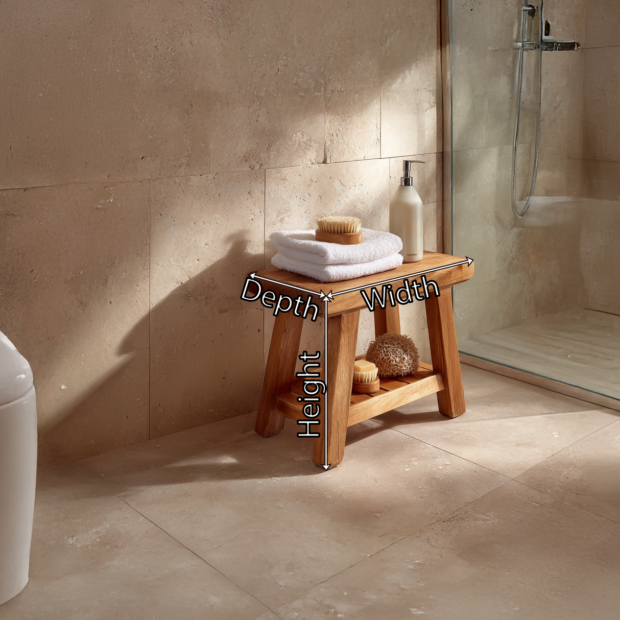 Handcrafted Solid Wood Shower Stool with Storage Rack