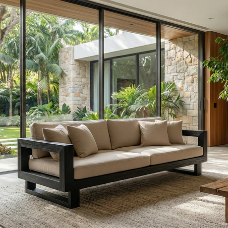 Black Solid Wood Sofa with Linen Cushions for Minimalist Modern Living