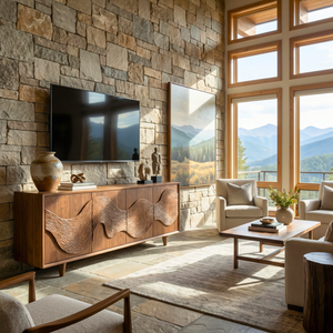 Solid Wood TV Cabinet with Wave Carved Doors for Organic Modern Interiors
