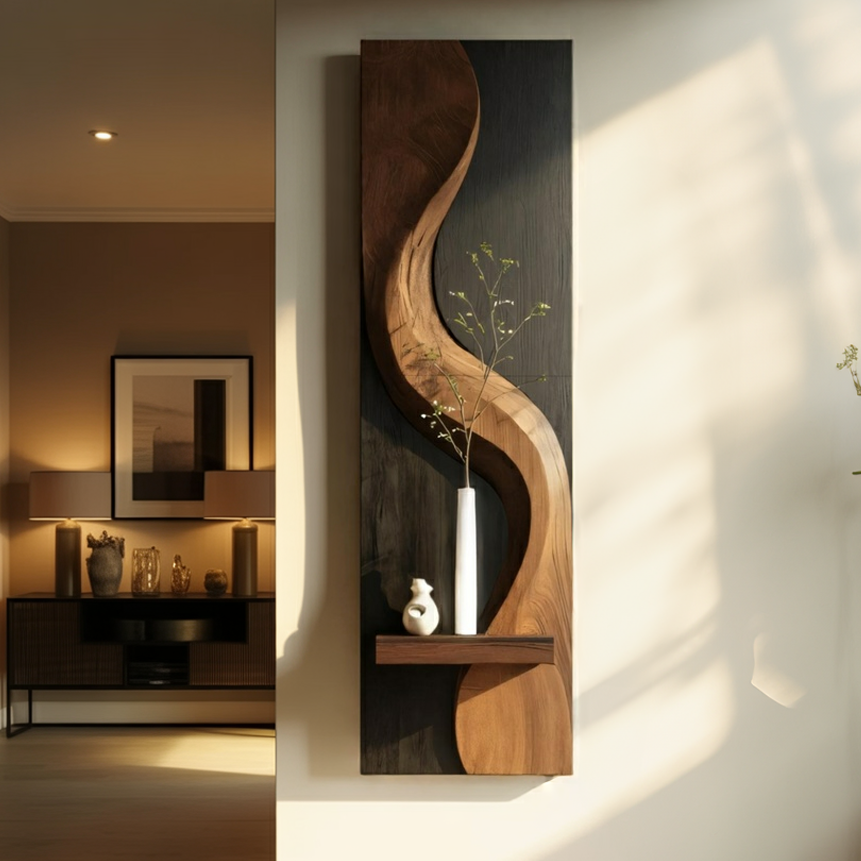 Sculptural Solid Wood Wall Panel with Display Shelf