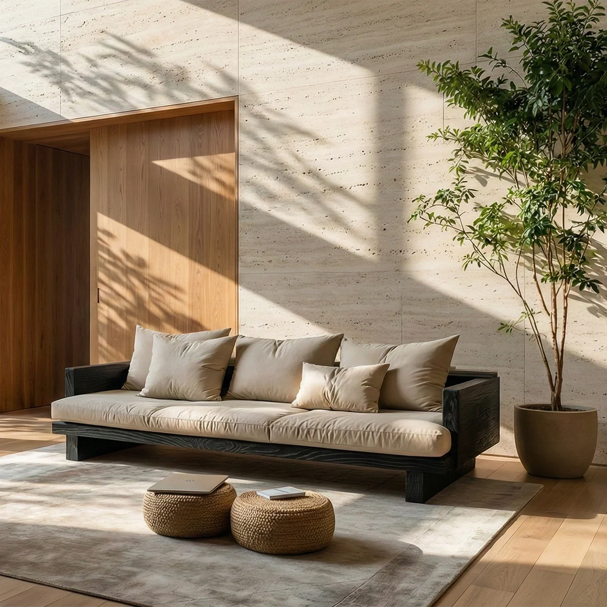 Low Profile Solid Wood Sofa with Linen Cushions for Zen Modern Living