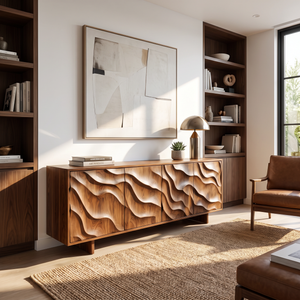 Sideboard Solid Wood with Sculptural Layered Wave Doors