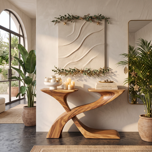 Sculptural Solid Wood Console Table with Crossing Ribbon Base